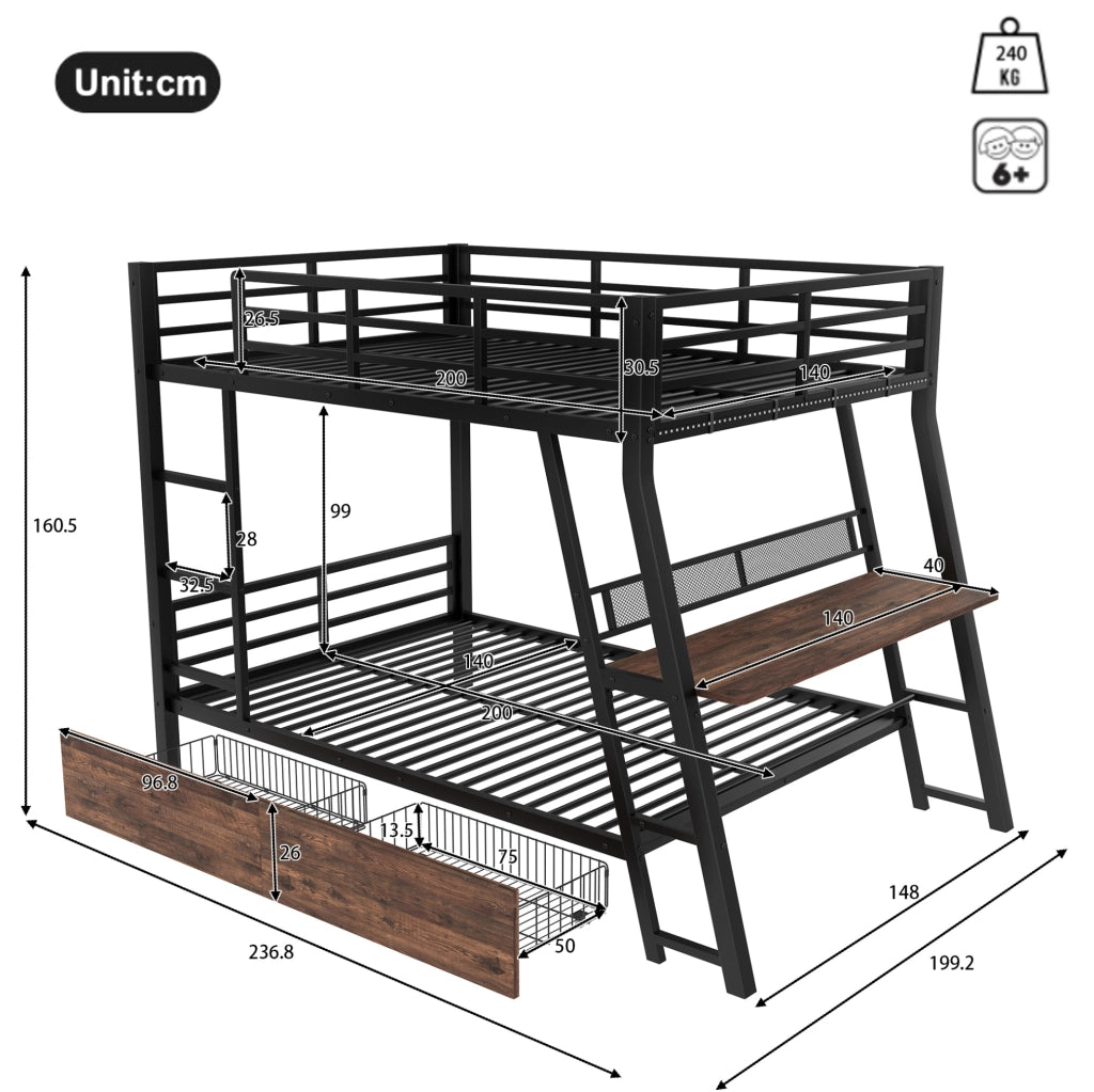 Letto a soppalco 140x200 cm in metallo e MDF; con scrivania; LED; cassetti; nero