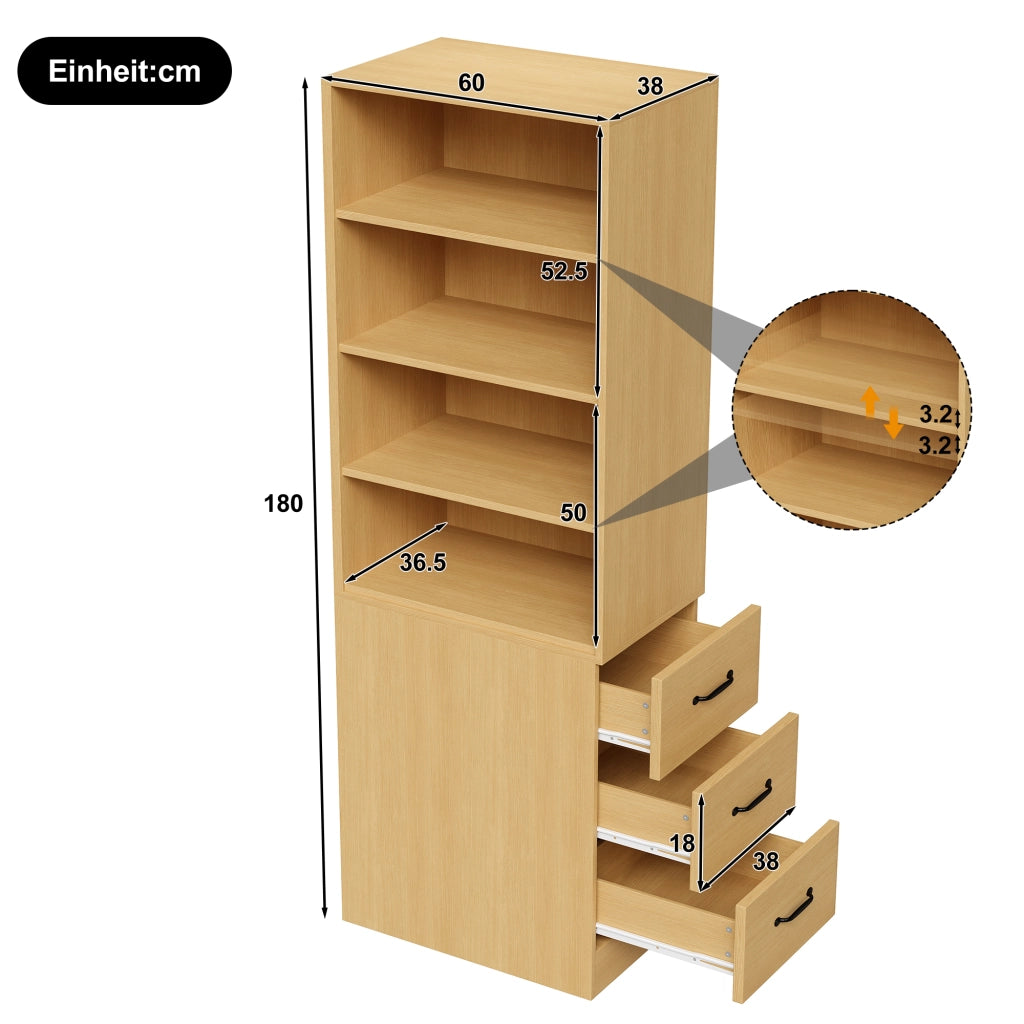 Libreria alta con 3 cassetti e 2 ripiani regolabili, per piccoli spazi, in truciolare, rovere, 60 × 38 × 180 cm