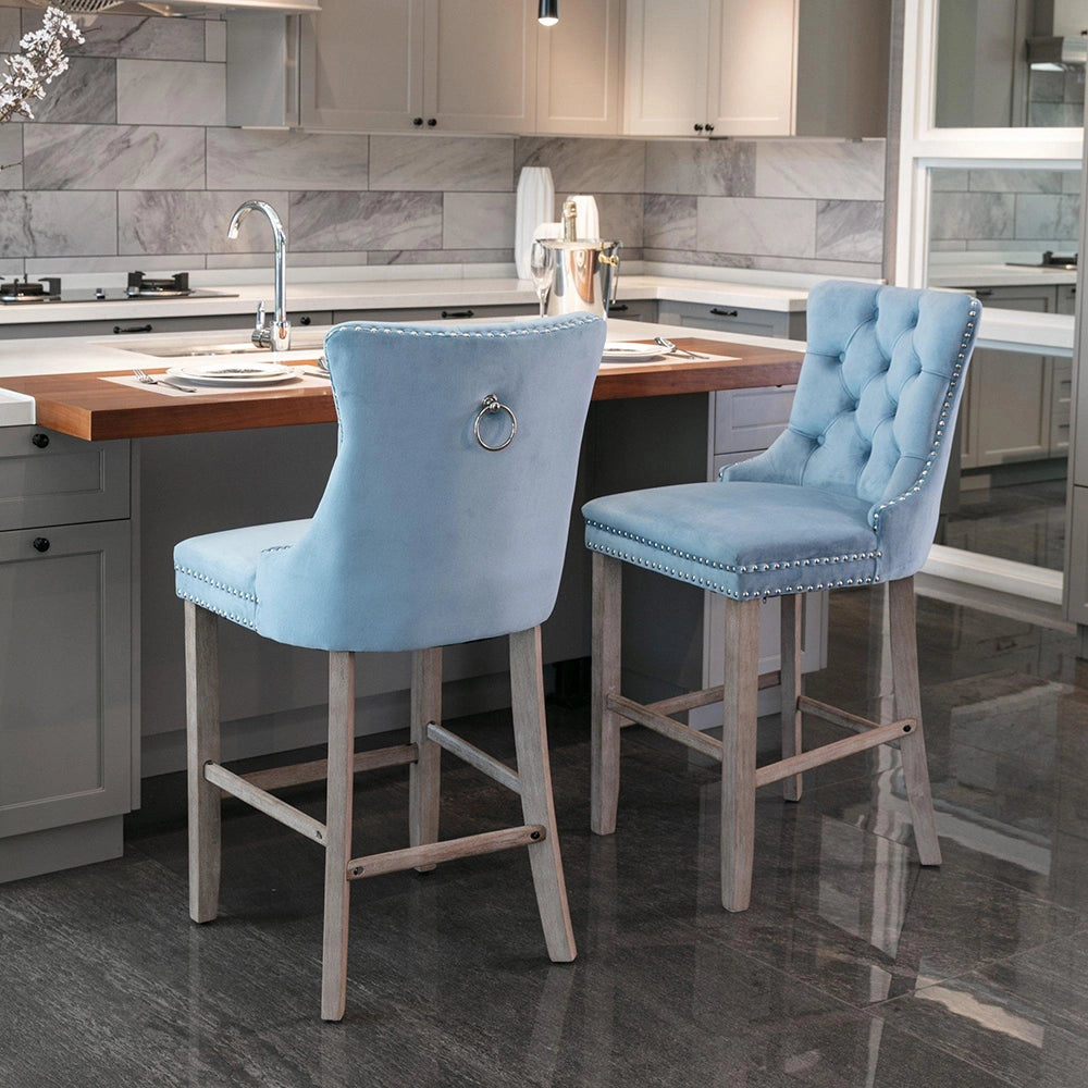 Set 2 sgabelli bar - Xylo - velluto azzurro gambe legno