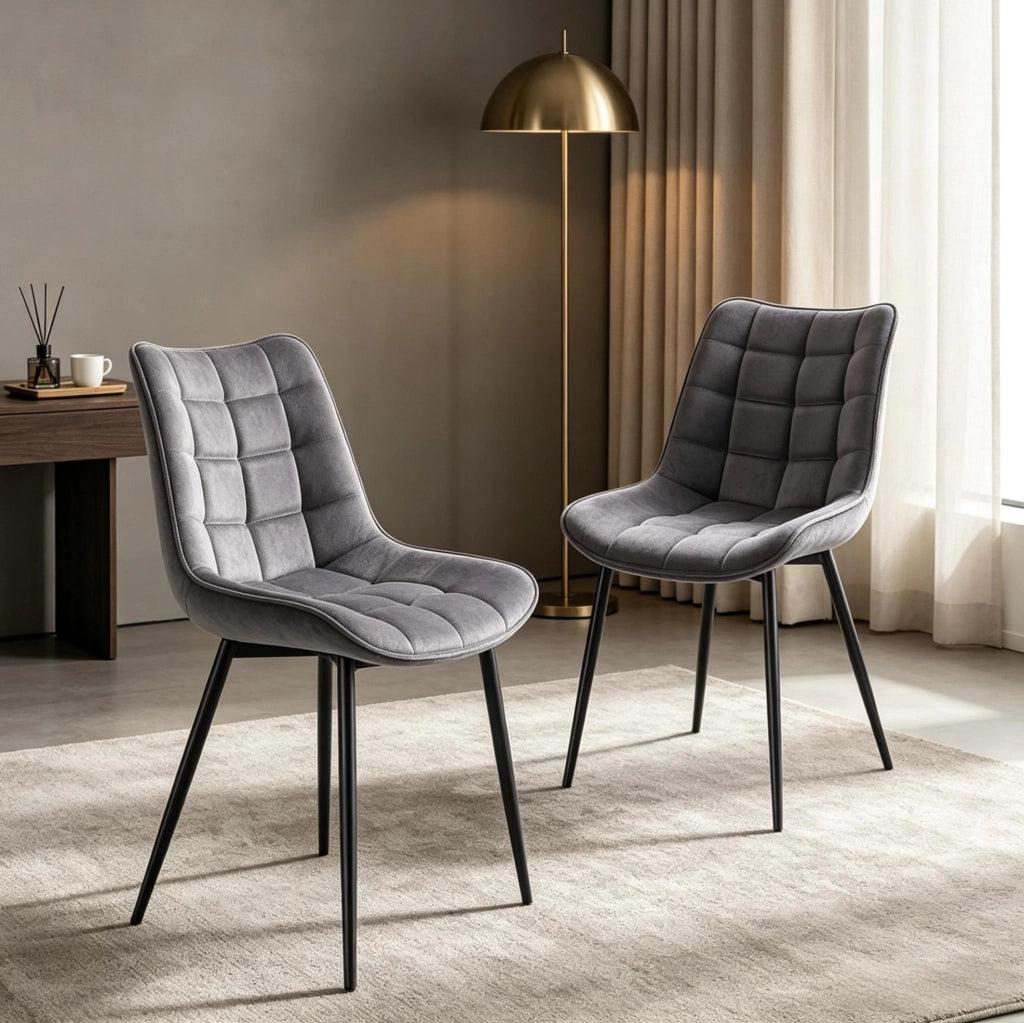 SEDIE Imbottite Set da 2 in Velluto Grigio Scuro con Gambe in Metallo