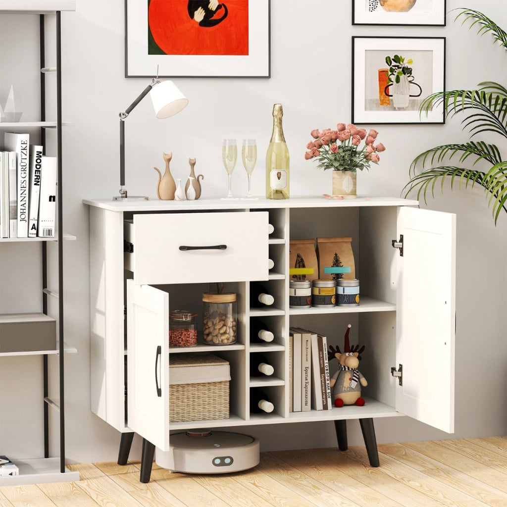 Credenza buffet-Armadio da cucina con cubi per vino da 6 bottiglie, Armadio da bar moderno con cassetto per cucina e soggiorno Bianco