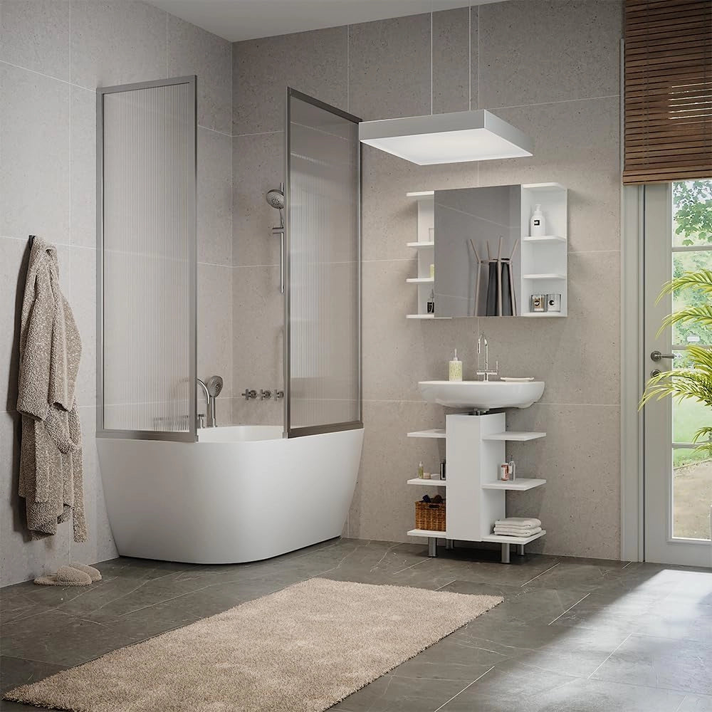 Mobiletto per lavabo Fynn, Bianco, 60 x 70 cm con 6 ripiani, da parete per la conservazione di accessori da bagno