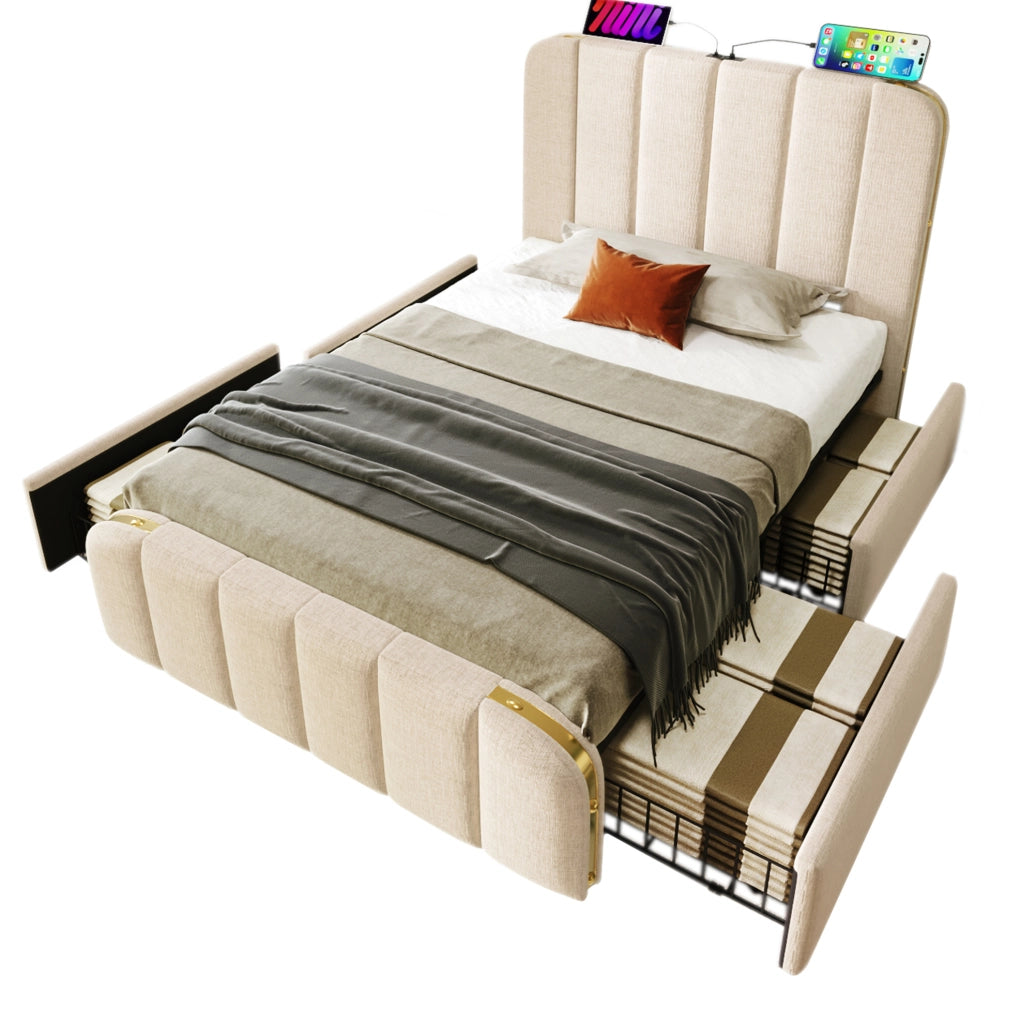 Letto singolo imbottito 90x200 cm con USB e USB C; 4 cassetti; lino beige