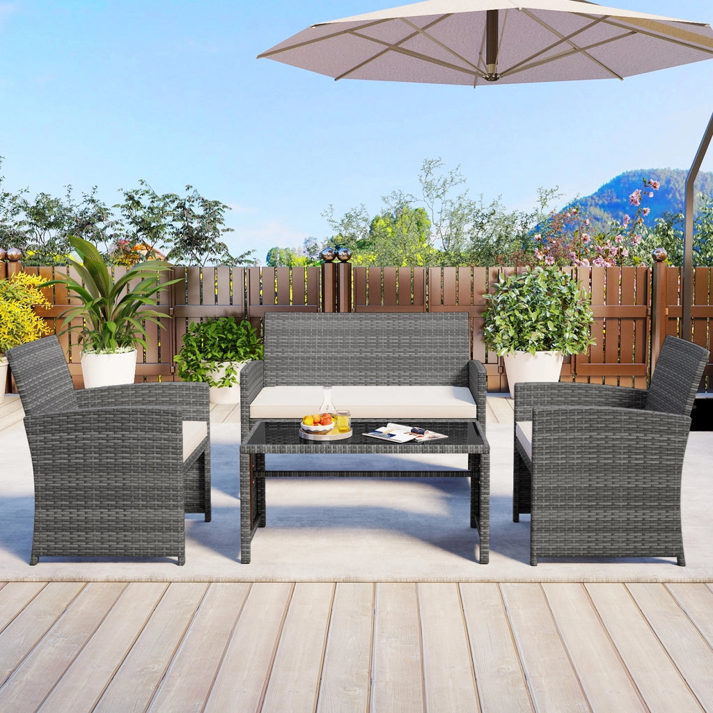 Set conversazione patio 4 pezzi in vimini con cuscini e vetro temperato, Mobili da esterno per giardino veranda balcone Bianco