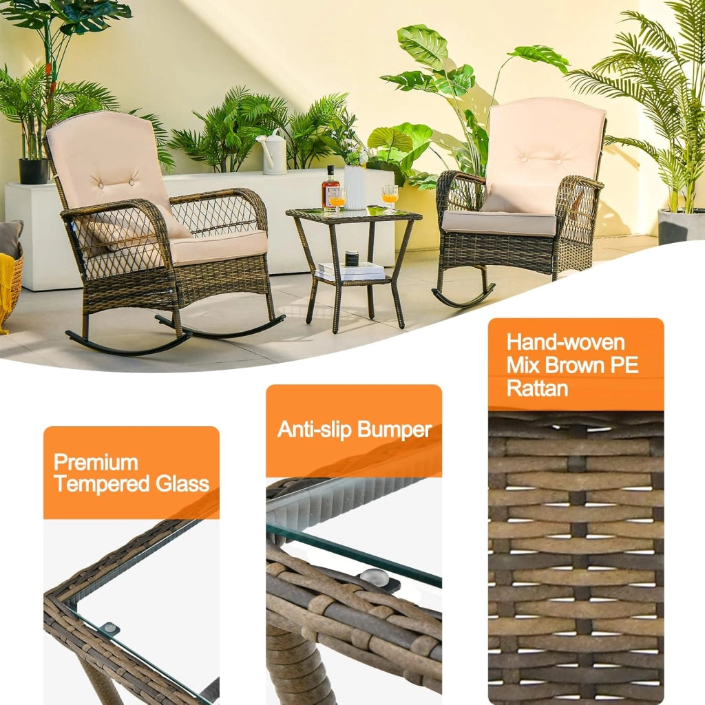 Set di Sedie a Dondolo in Rattan per Balcone, 3 Pezzi Mobili da Giardino con 1 Tavolino e 2 Sedie a Dondolo, Marrone Chiaro