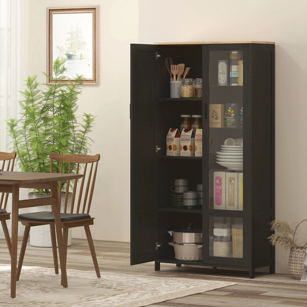 Mobile Dispensa Cucina in Legno a 9 Ripiani Regolabili con Ante in Vetro, 76x36x160 cm, Nero e color Legno