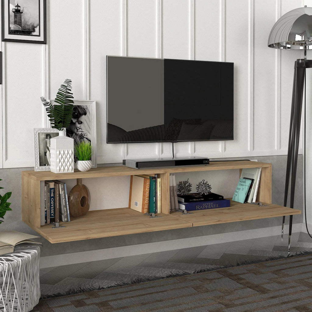 Mobile TV da Parete Toivakka con 2 Ante a Ribalta 135 x 31 x 25 cm Effetto Rovere [en.casa]