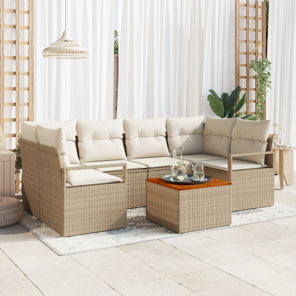 Set di Divani da Giardino  7 Pezzi con Cuscini Beige Polyrattan Acacia
