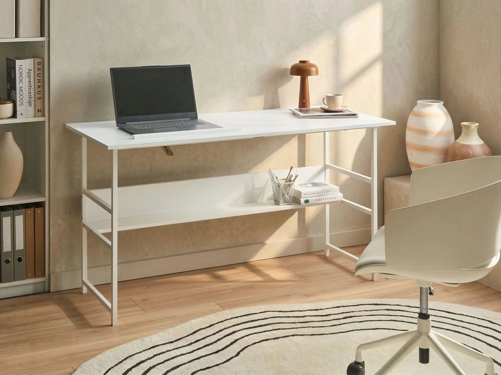Scrivania da ufficio per casa con piano regolabile e ripiano inferiore in truciolato 140 x 50 cm bianco Design minimalista