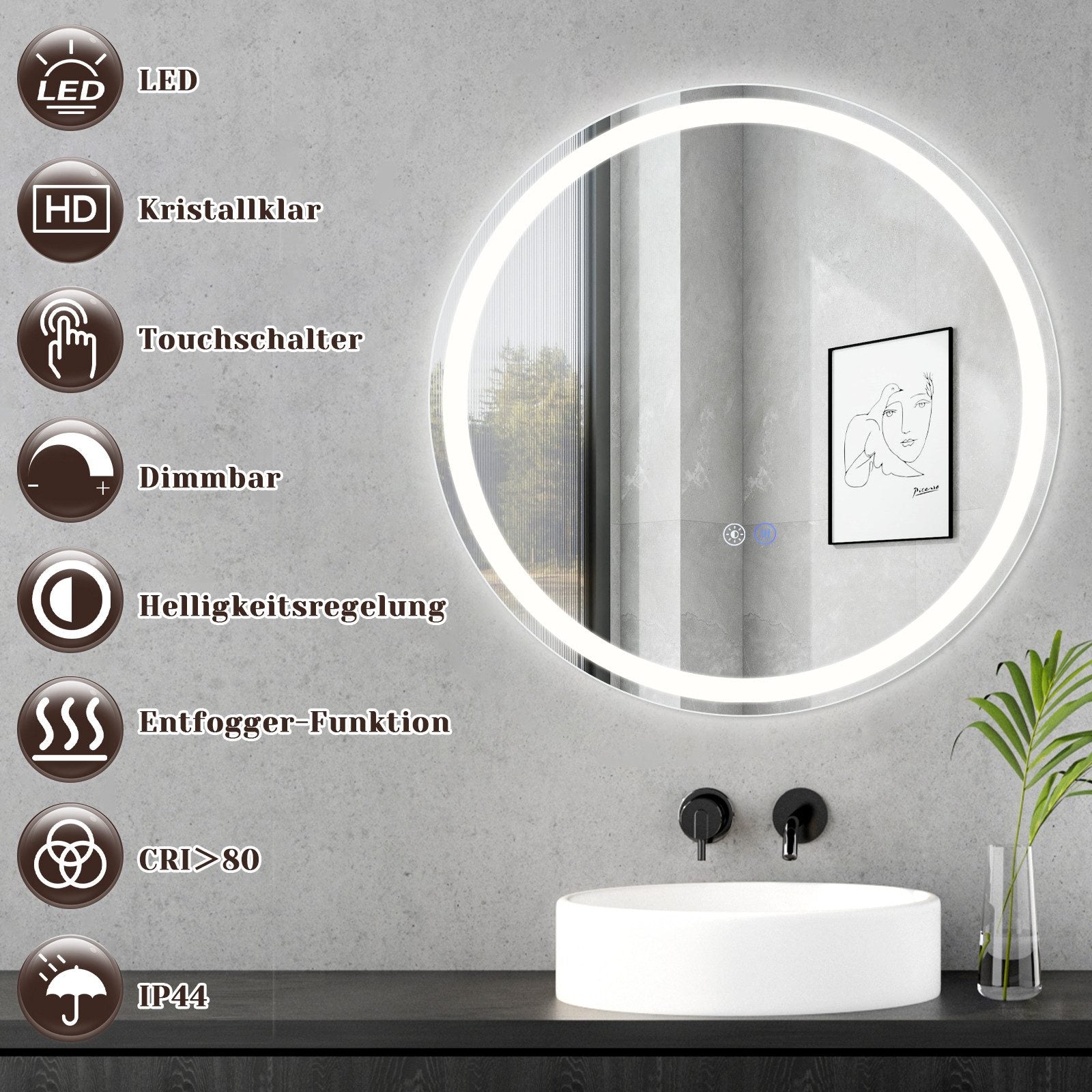 ZMH Specchio da bagno con funzione antiappannamento IP44 Rotondo Bianco Specchio da bagno variabile