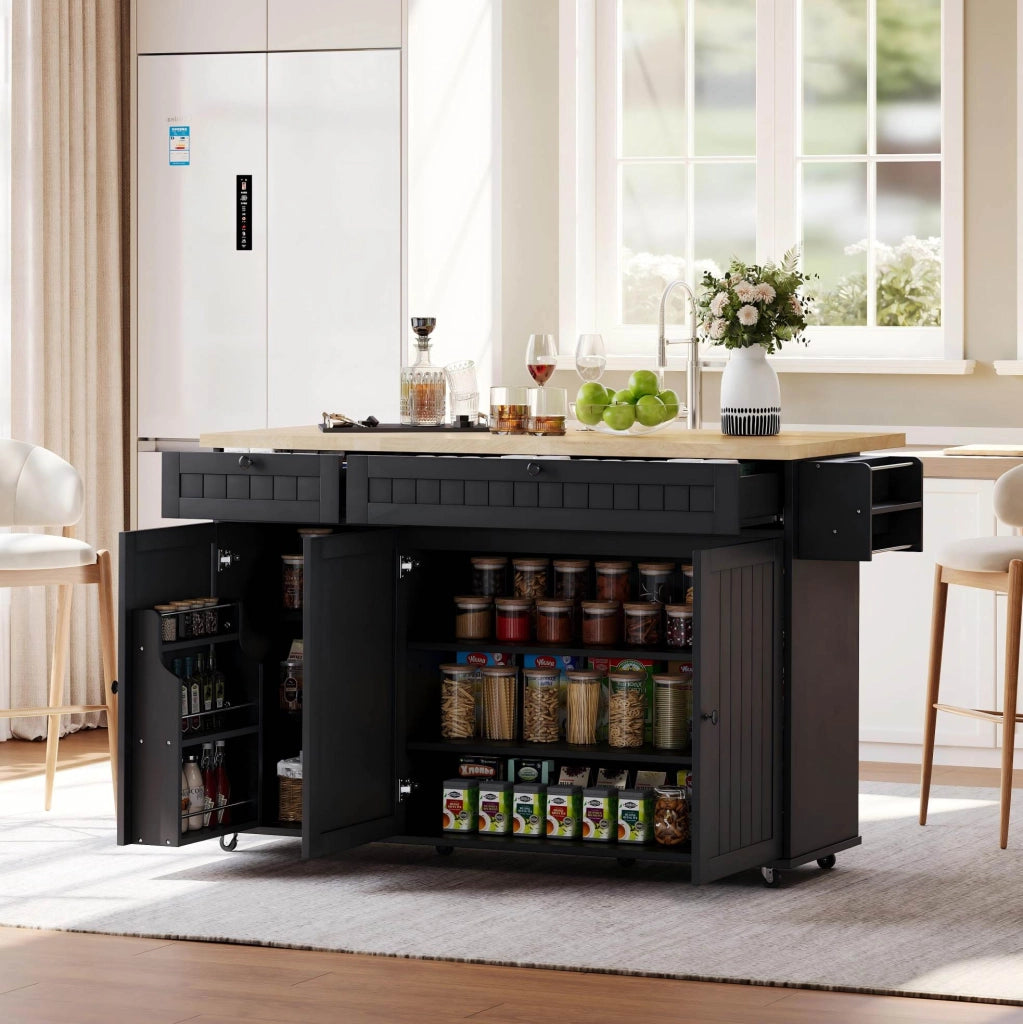 Isola cucina 137x70x89.5 cm con piano ribaltabile in MDF naturale e nero