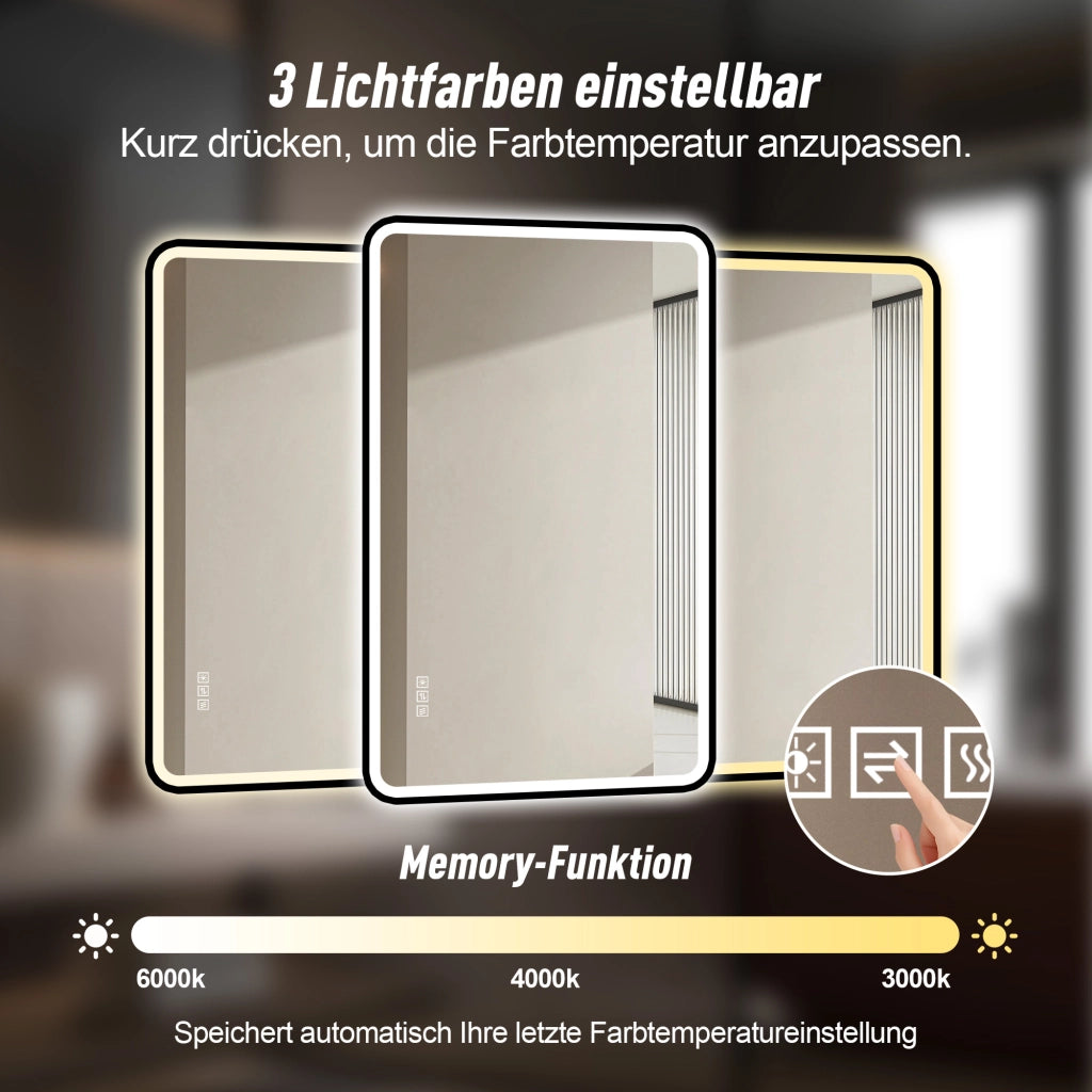 Specchio luminoso da bagno con antiappannamento, 3 luci, dimmerabile e memoria, alluminio nero 111 × 71 cm