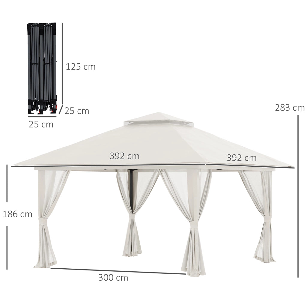 Gazebo Pieghevole 4x4 m ad Altezza Regolabile con Zanzariera e Borsa in Metallo e Tessuto Oxford Crema