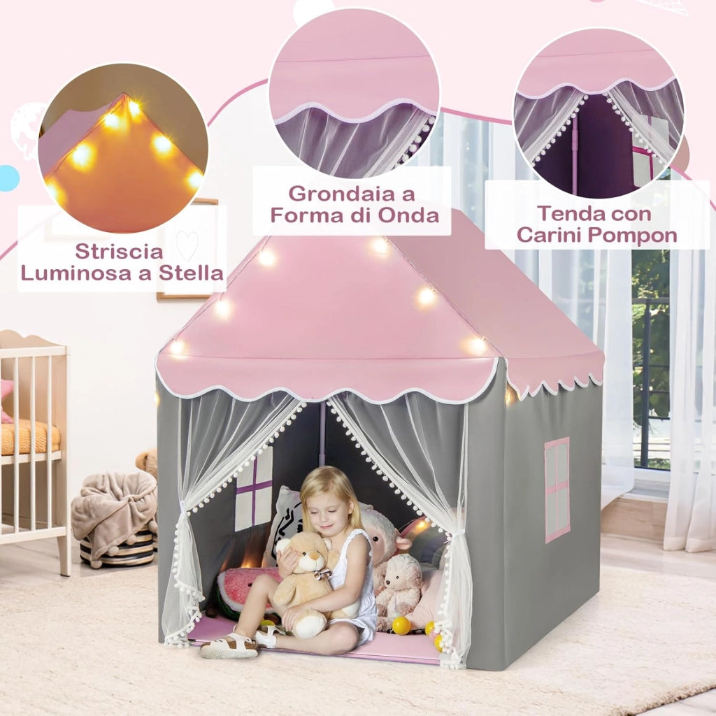 Tenda da Gioco per Bambini, Tenda Castello con Tappetino Lavabile, Luci a Forma di Stella, per Interno ed Esterno, 105 x 121 x 136 cm (Stile 2 Rosa)