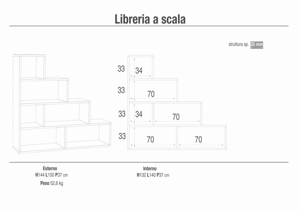 Libreria a scala 150x37x144H cm 4 livelli in kit colore Cemento