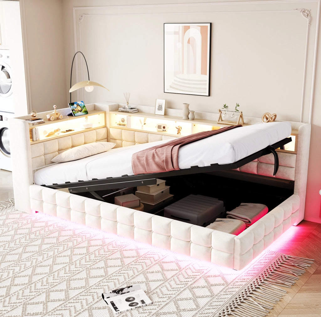 Divano letto imbottito 90x200 cm con contenitore idraulico; LED e prese USB-C; beige