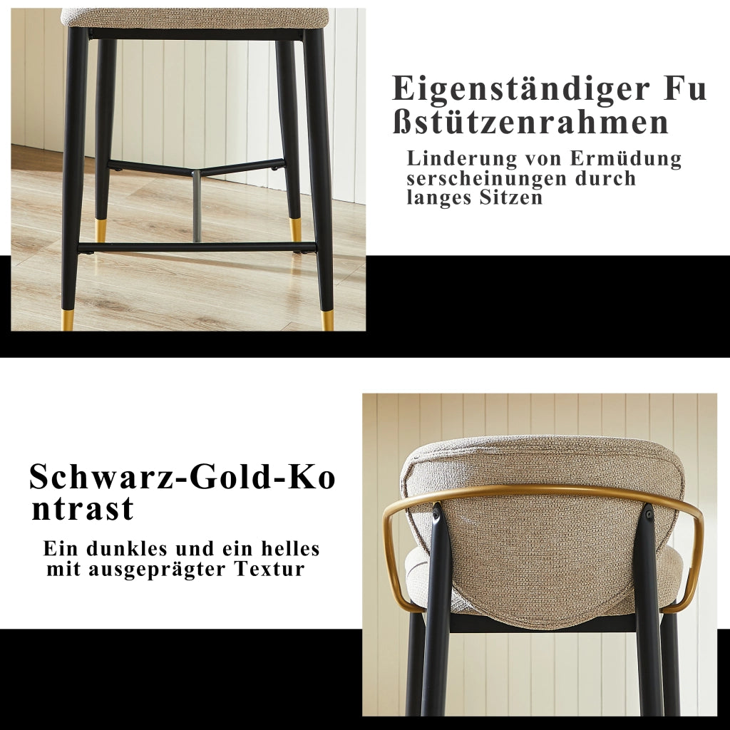 Set di 2 Sgabelli da Bar con Schienale e Poggiapiedi; Piedini Regolabili; per Isola Cucina; Tessuto; Nero Oro Marrone Chiaro