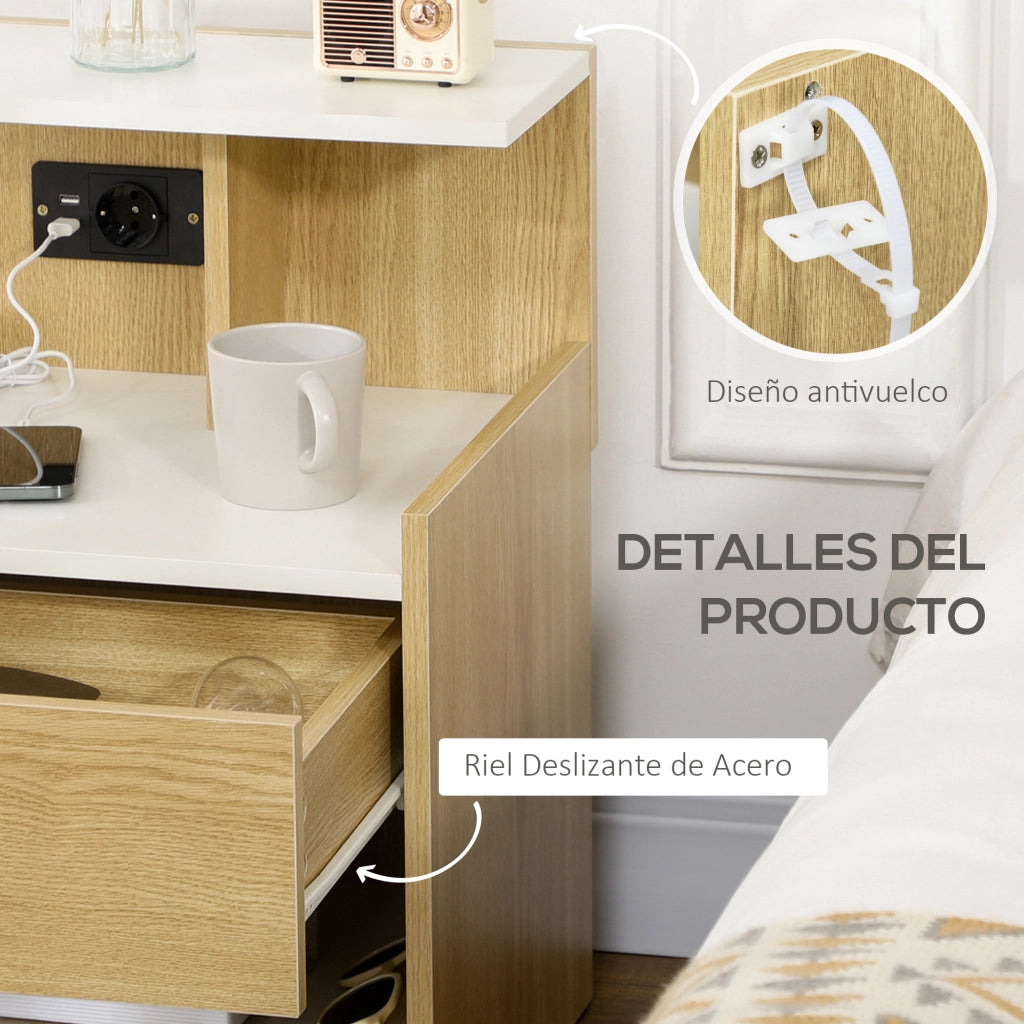 Comodino con USB, presa, cassetto e ripiani ¨C zephmum ¨C 40x40x60 cm, naturale