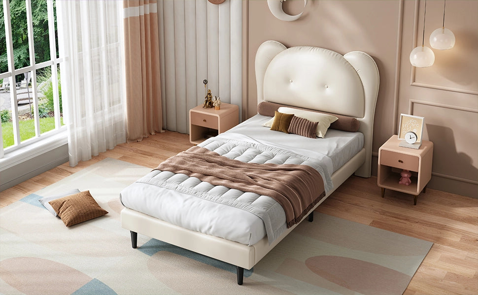 Letto imbottito per bambini con testiera a forma di animale, 90x200 cm, beige