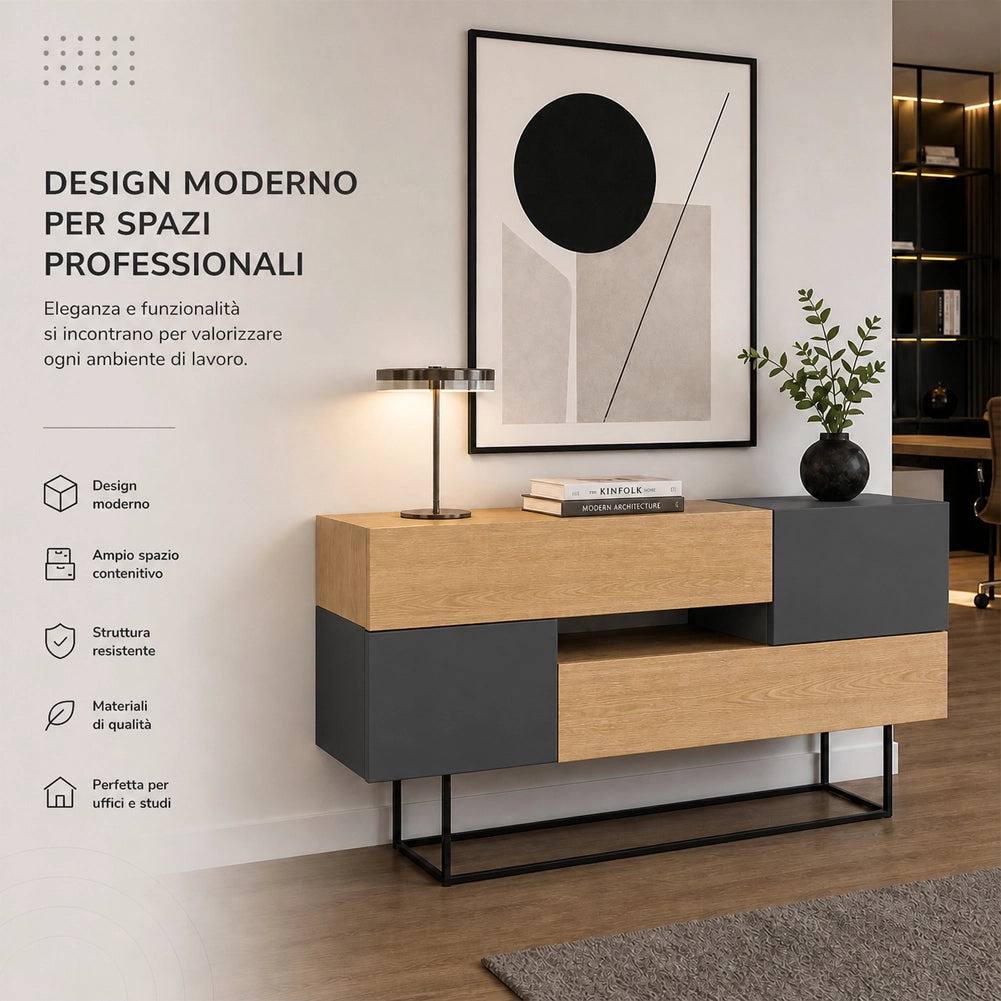 Madia Consolle Moderna 145 cm con 2 Ante 2 Cassetti Quercia e Antracite