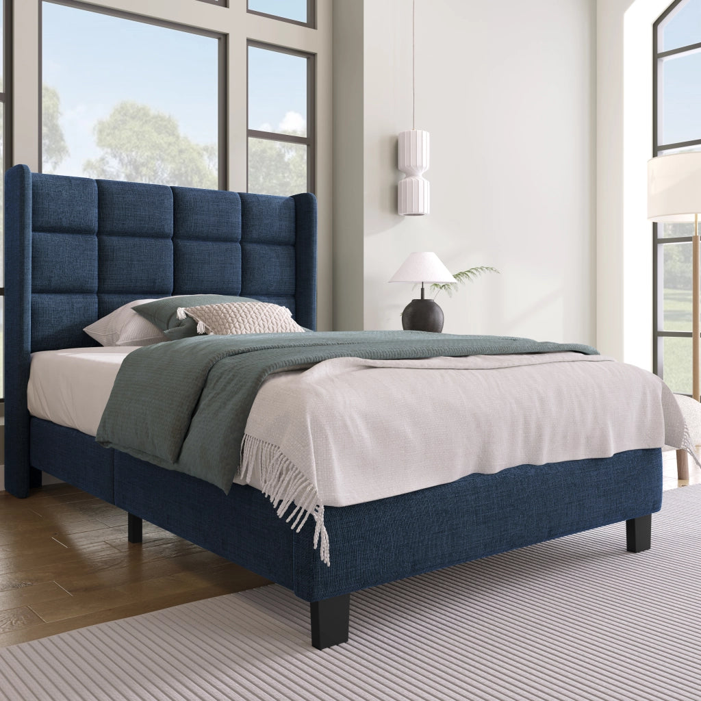 Letto Singolo 90×200 cm con Testiera Imbottita e Doghe; senza Materasso; in Lino Blu