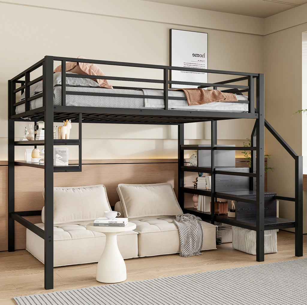 Letto a soppalco 140x200 cm nero con scaffali e scala contenitore