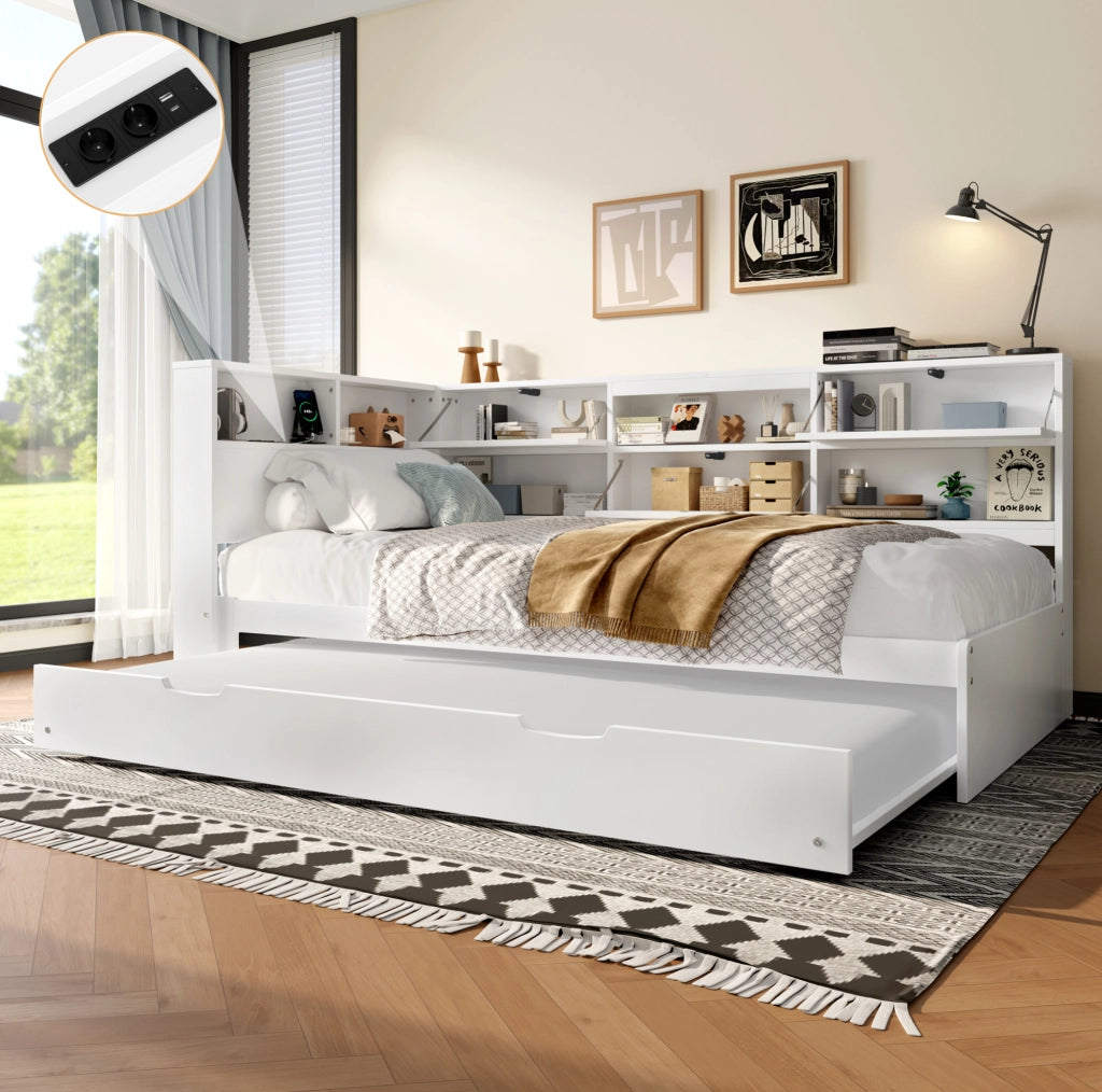 Daybed con letto estraibile 90x200 cm; testiera con vano contenitore e USB/Type-C; bianco