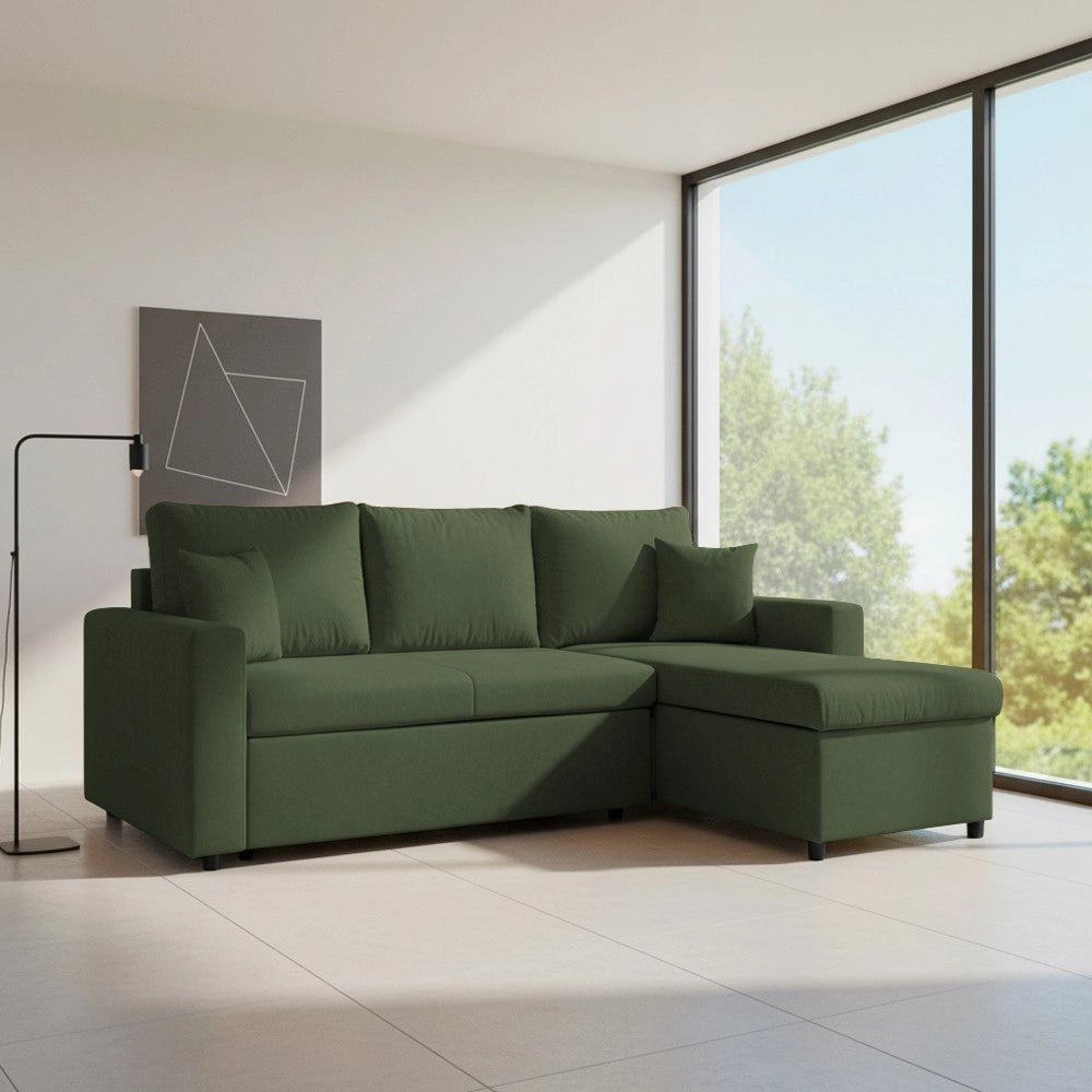 Divano con penisola reversibile funzione letto Golf tessuto verde muschio 225x148x91H