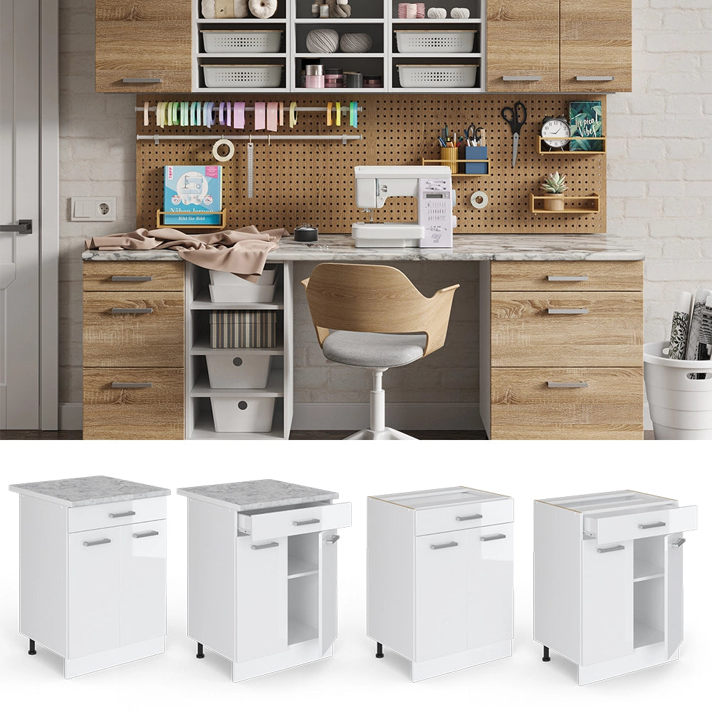Vicco Base universale Bianco lucido 60 cm con cassetti, senza piano di lavoro
