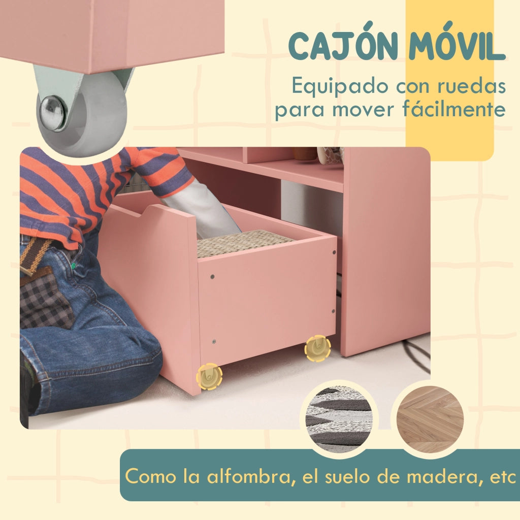 Libreria Bambini Legno Rosa ¨C Xylo ¨C 3 Ripiani 2 Cassetti Ruote 60x29,9x90 cm