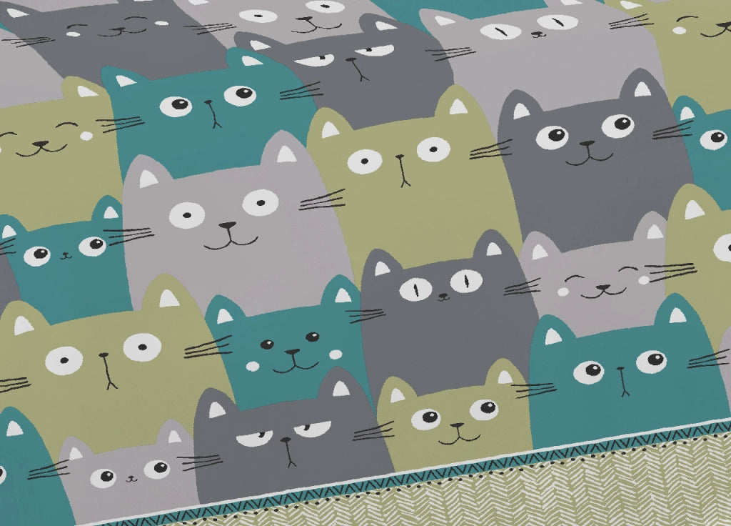 Telo Arredo Multiuso Linea Pensieri Delicati In Cotone Disegno Happy Cat - Singolo - Verde