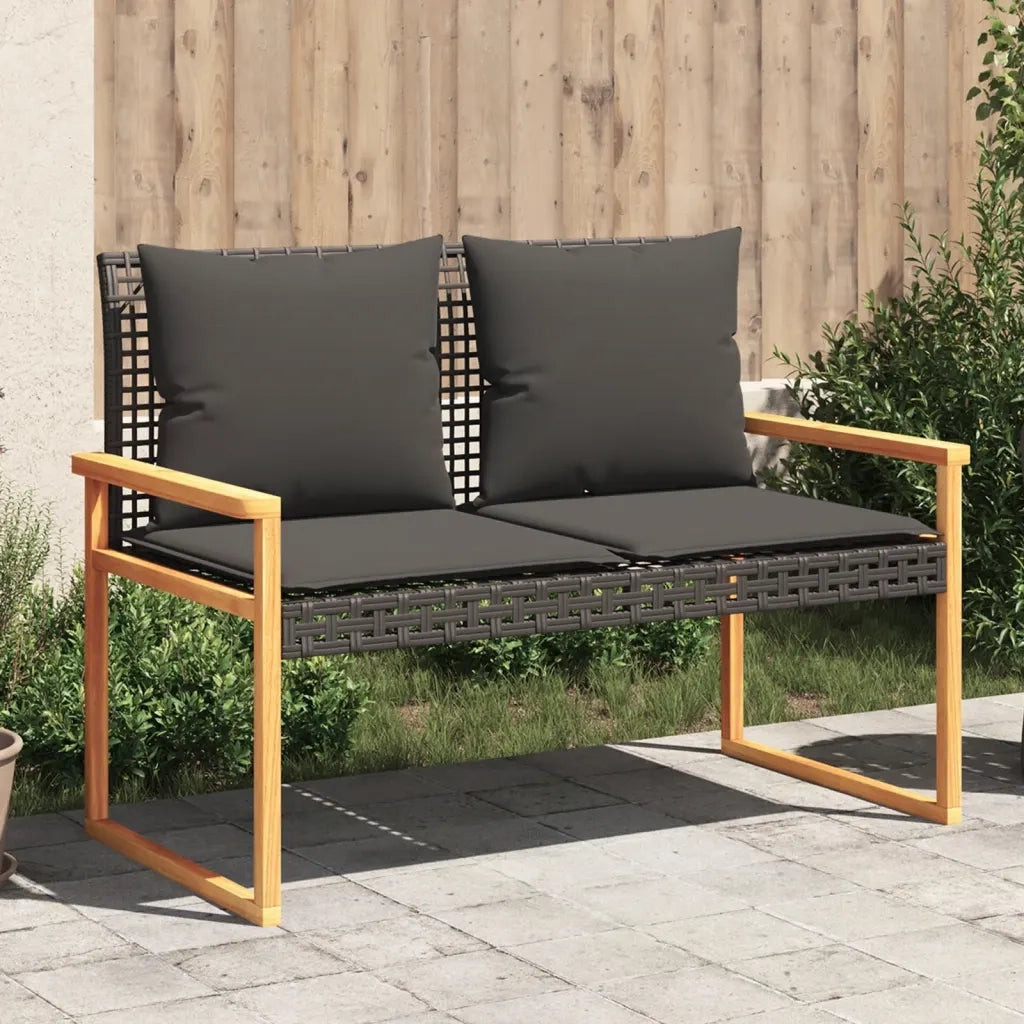 Panca da Giardino con Cuscino Nera in Polyrattan e Legno Acacia 633238
