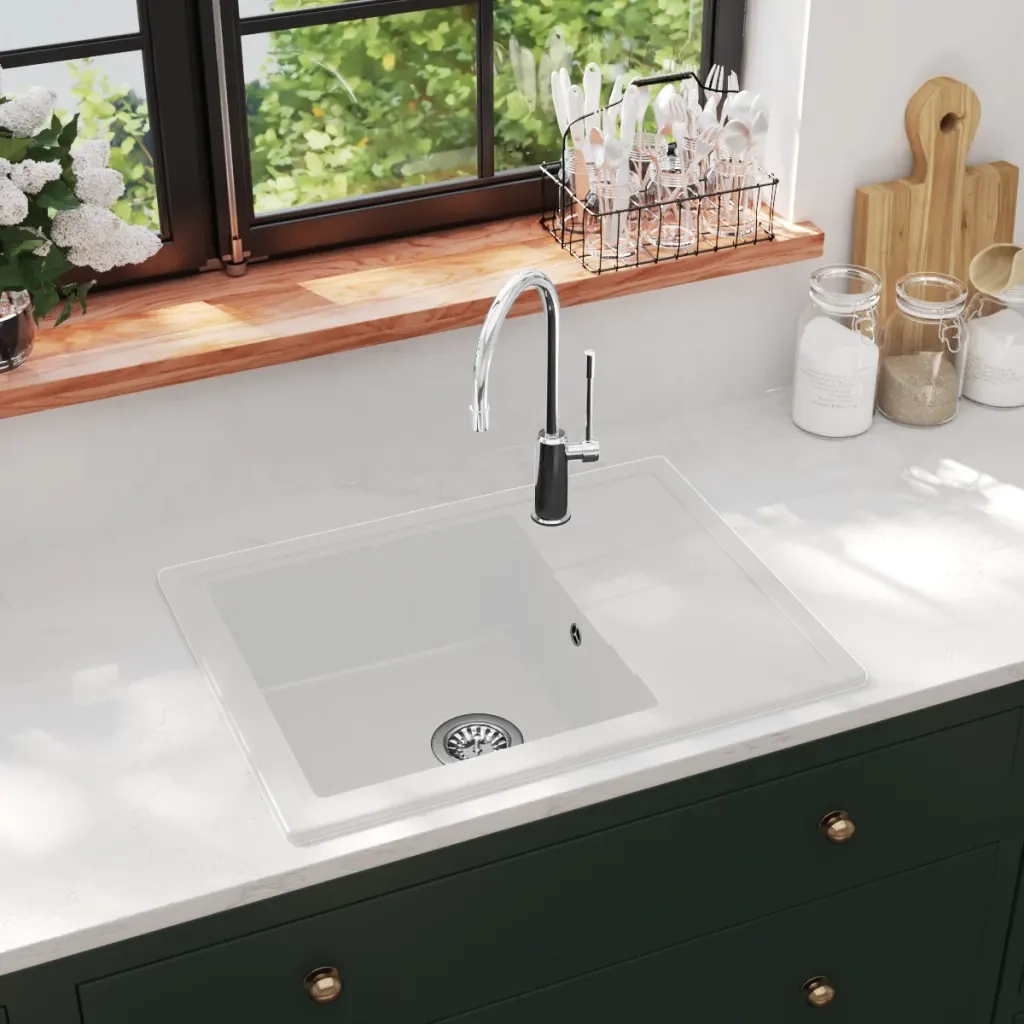 Lavello da Cucina con Foro Troppopieno-Lavandino-Lavabo Ovale Bianco in Granito