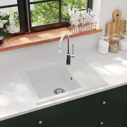 Lavello da Cucina con Foro Troppopieno-Lavandino-Lavabo Ovale Bianco in Granito