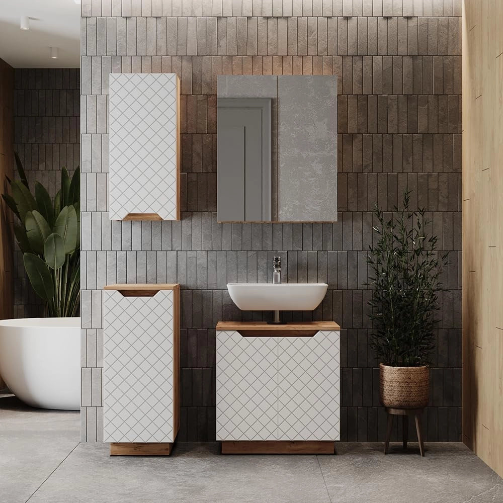 Set di mobili da bagno Lotta, Bianco, 59.8 cm, composto da mobile sottolavabo, specchiera, armadio medio e pensile
