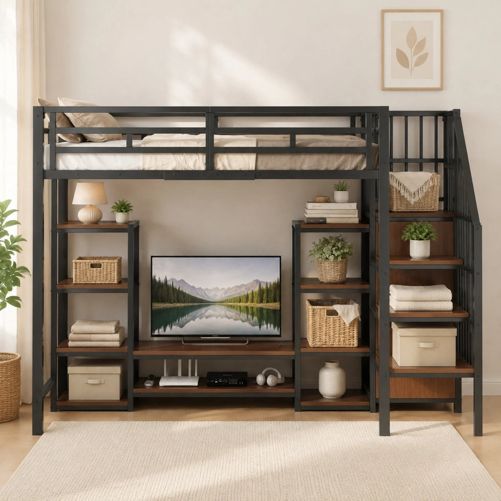 DESMIU Letto a Soppalco Singolo con Supporto TV, Presa e Scala Contenitore 90 × 200 cm, Senza Materasso, Nero