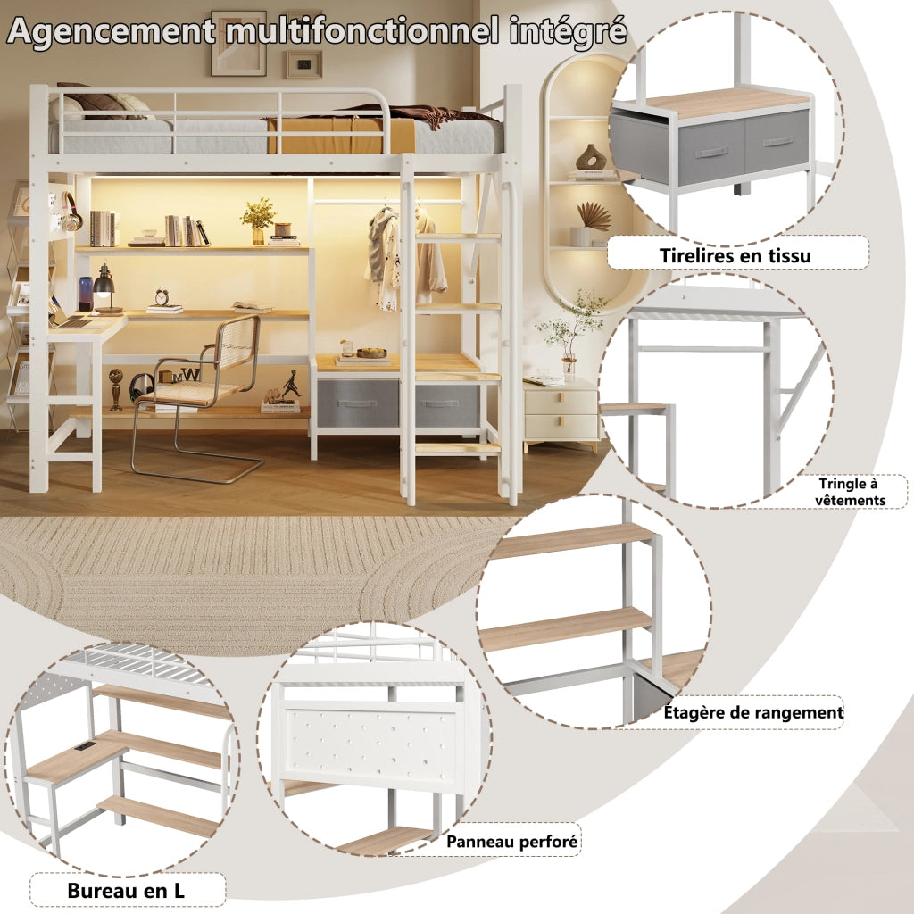 Letto a soppalco 90x200 cm con scrivania; USB; pegboard; cassetti in tessuto; ripiani; appendiabiti e LED; metallo bianco