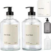 Dispensario di sapone per vetro con etichette impermeabili all'acqua - Dispensatore di sapone per mano e detersivo per il lavaggio a mano - Sostenibile e riutilizzabile - Set da 2