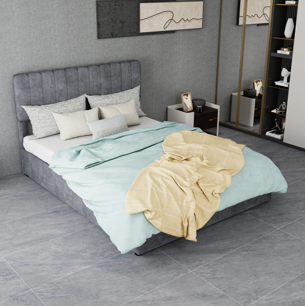 Letto imbottito 140x200 cm grigio con contenitore e testiera morbida