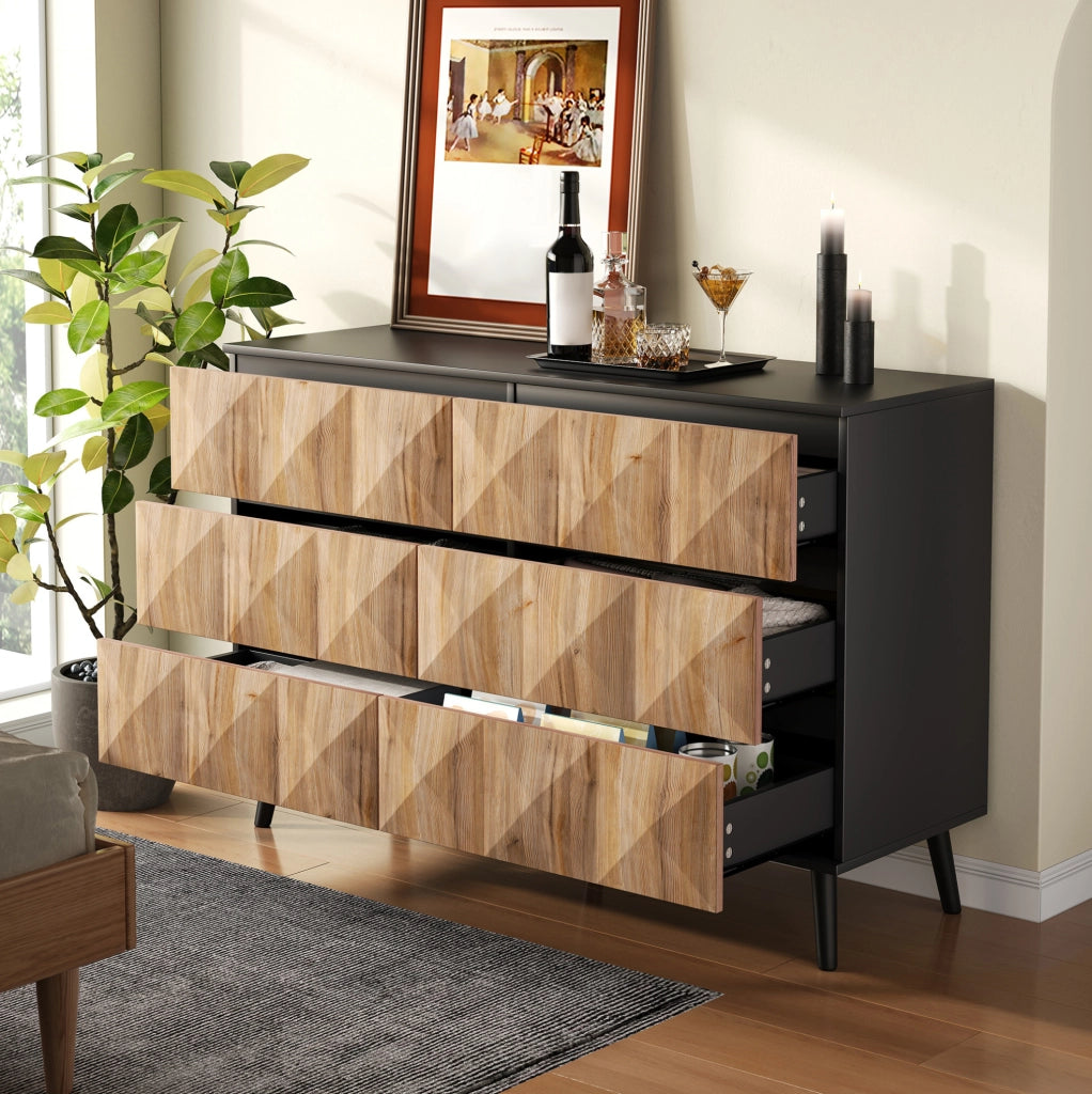 Sideboard 120x40x85 cm con 6 cassetti; finitura moderna in MDF e truciolare nero e naturale