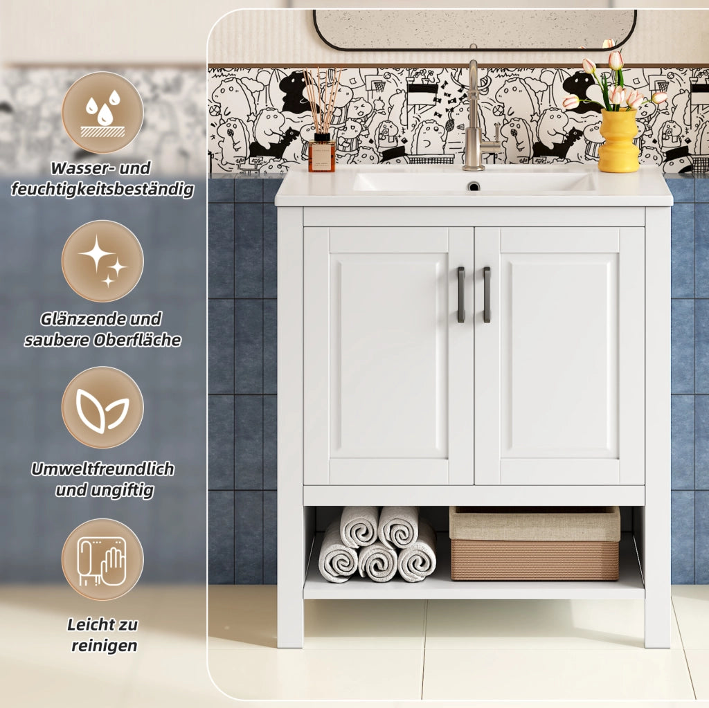 Mobile lavabo da bagno a terra con lavabo in ceramica e doppia anta