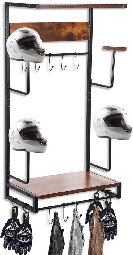 Supporto per elmetto da appendere alla parete - Stand per elmetto con gancio - Braccio in legno/ferro - 10 ganci J - Dimensioni 82x43x25.5cm - Scaffale per elmetto