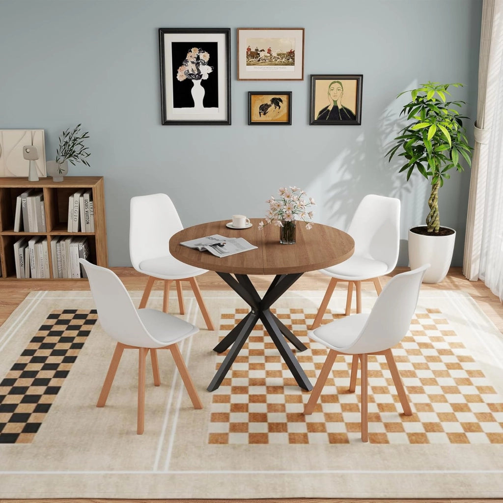 GrandCA HOME Set da pranzo Tavolo da pranzo con 4 sedie, Tavolo da pranzo rotondo in legno 100 * 100 * 75 cm, 4 sedie con schienale alto, Gambe in legno di faggio, (Marrone scuro + Nero)