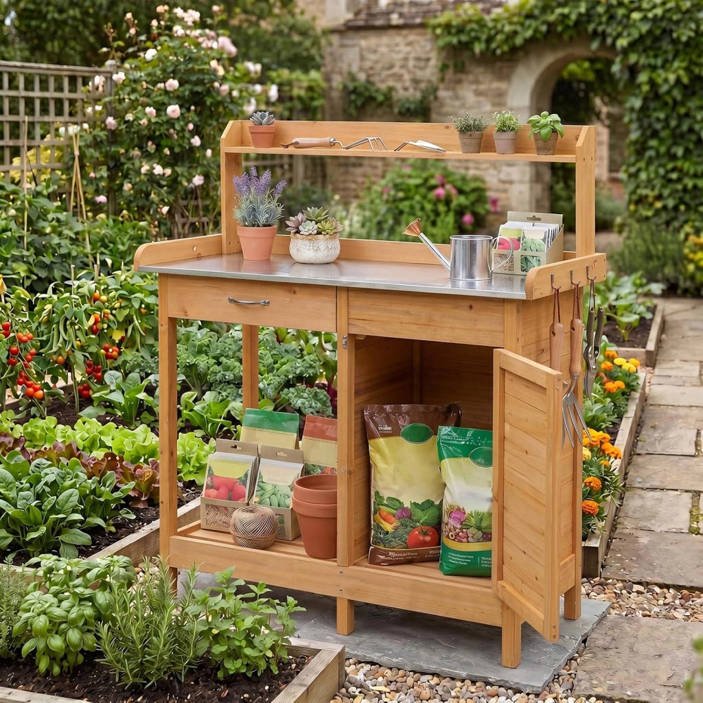Tavolo da Giardinaggio in Legno con Piano in Acciaio (Legno) | Tavolo per Piante con Ripiani Aperti, Armadietto, Cassetto e 3 Ganci, Banco da Lavoro per Giardino e Balcone, 112x46,5x125 cm