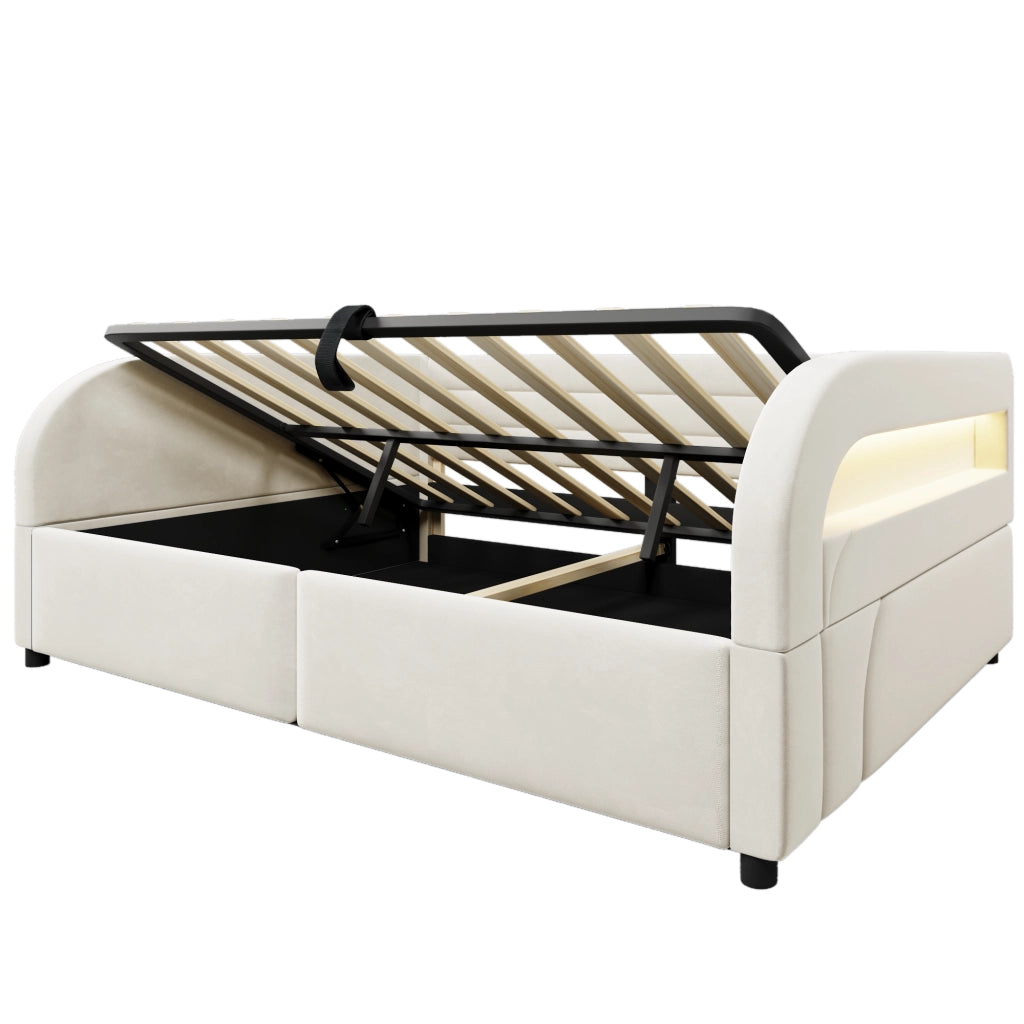 Letto Contenitore 140x200 cm con Rialzo Idraulico e Luce a LED; Beige