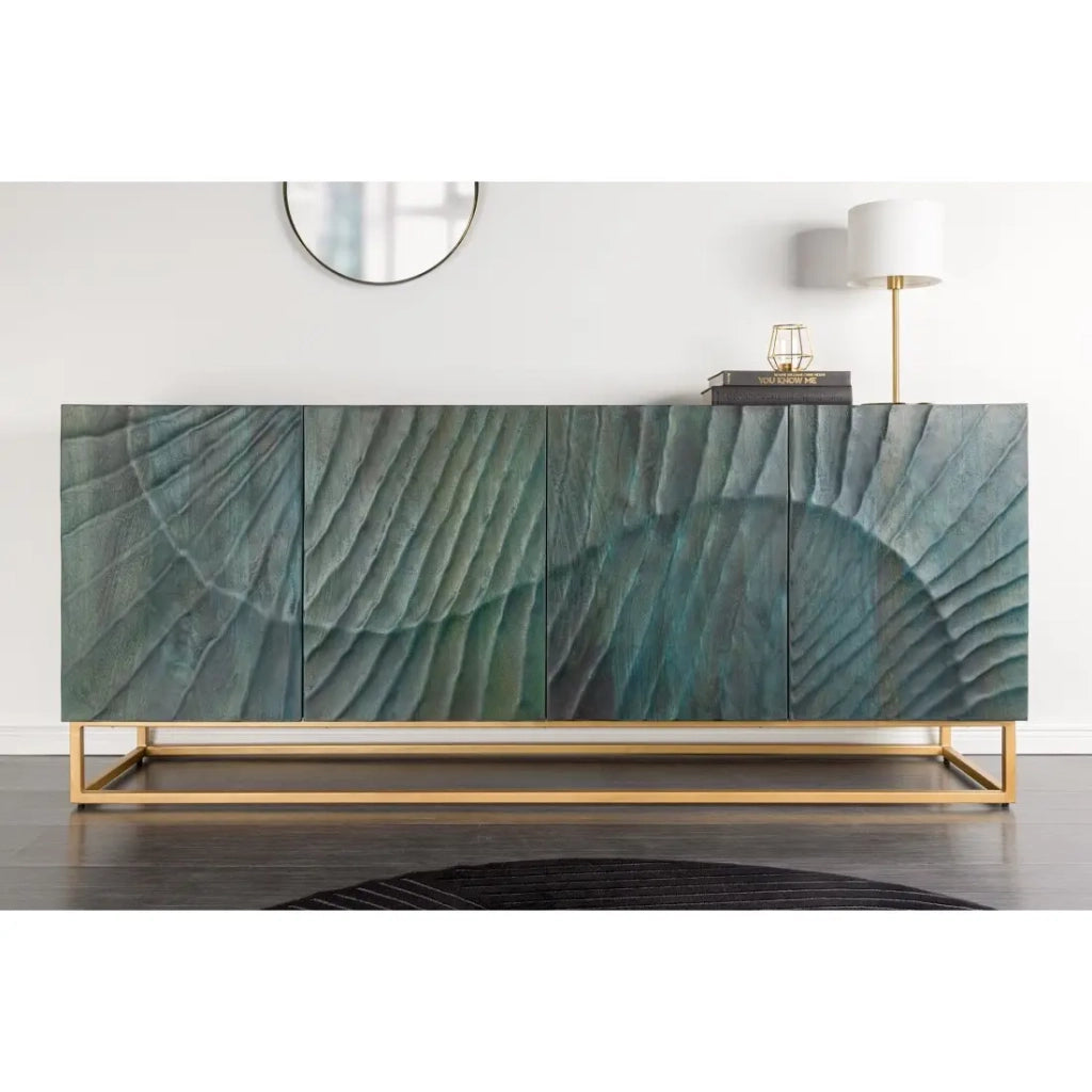 Buffet LUMBER 180 cm – Legno scolpito turchese e dorato, stile design contemporaneo
