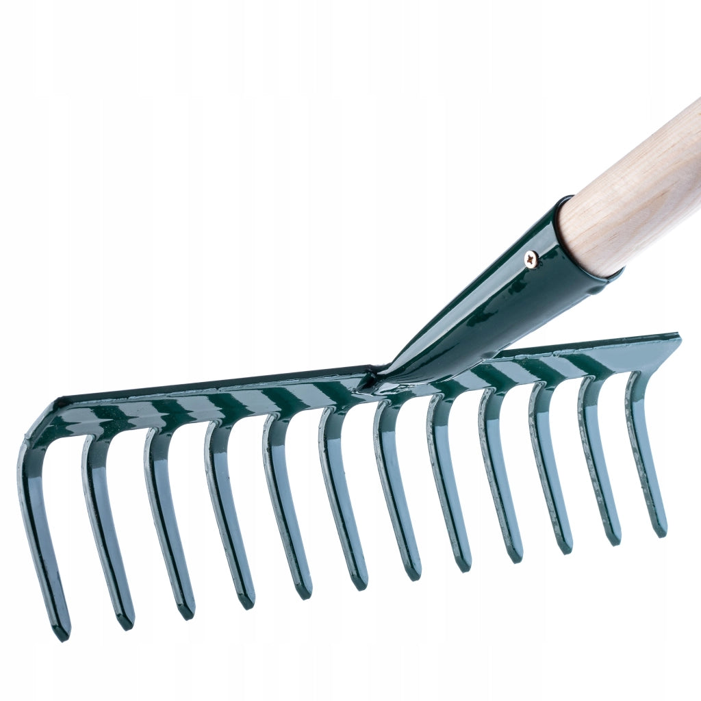 Rastrello per foglie KADAX, per giardino ed erba, con manico in legno, 138 cm, rastrello solido a 12 denti.