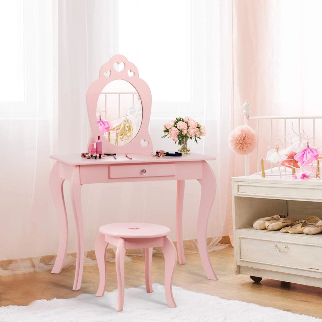 Set Toeletta e Sedia per Bambine - Specchio e Cassetto, Toletta Trucco 2 in 1 con Superficie Smontabile, 70 x 34 x 105 cm, Rosa