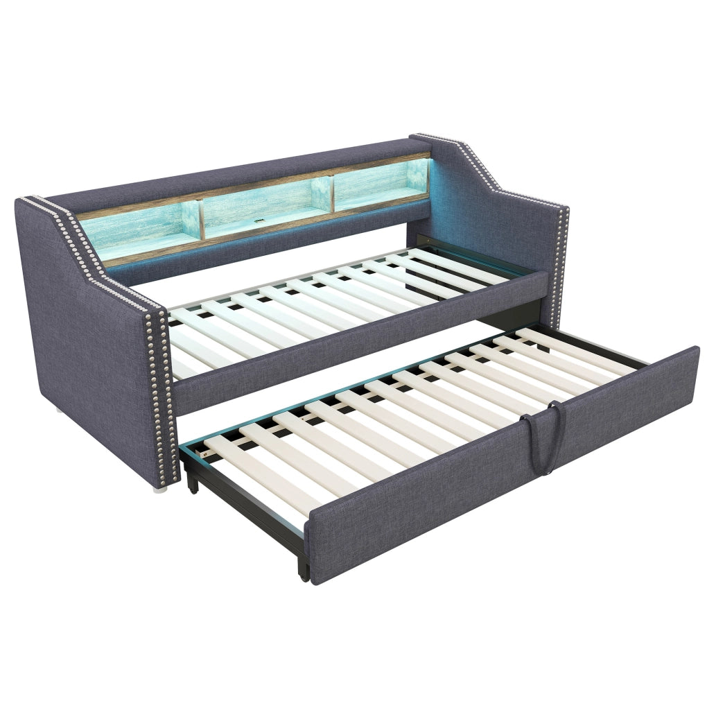 Divano letto imbottito estraibile 90/180x190 cm con LED; USB e 2 materassi; grigio scuro