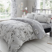 Set da letto BIRDIE BLOSSOM con coperta e cuscini, poliestere-lino, grigio, doppio (200 x 200 cm)